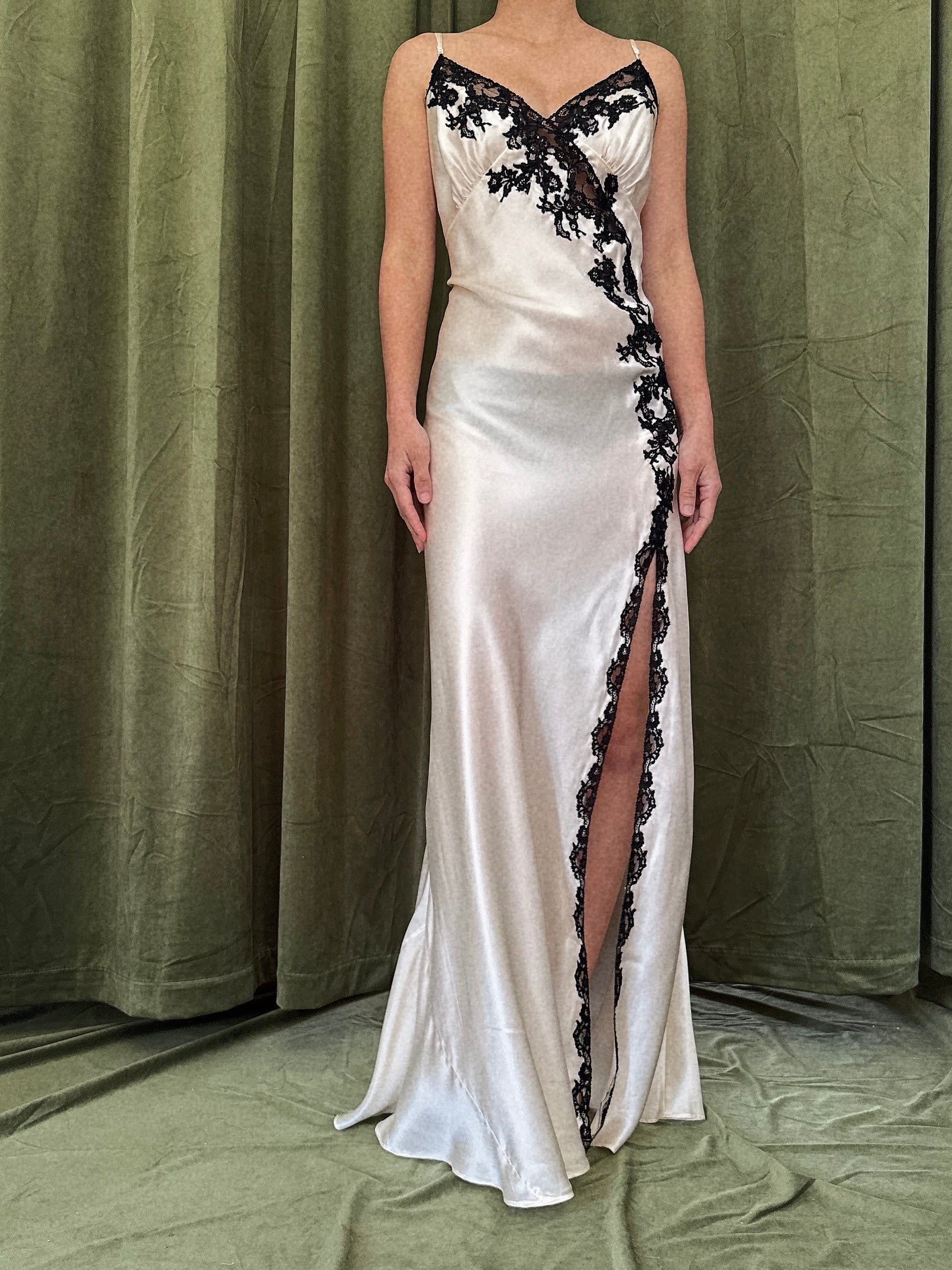 Vintage Silk with Black Lace Slip Dress - M