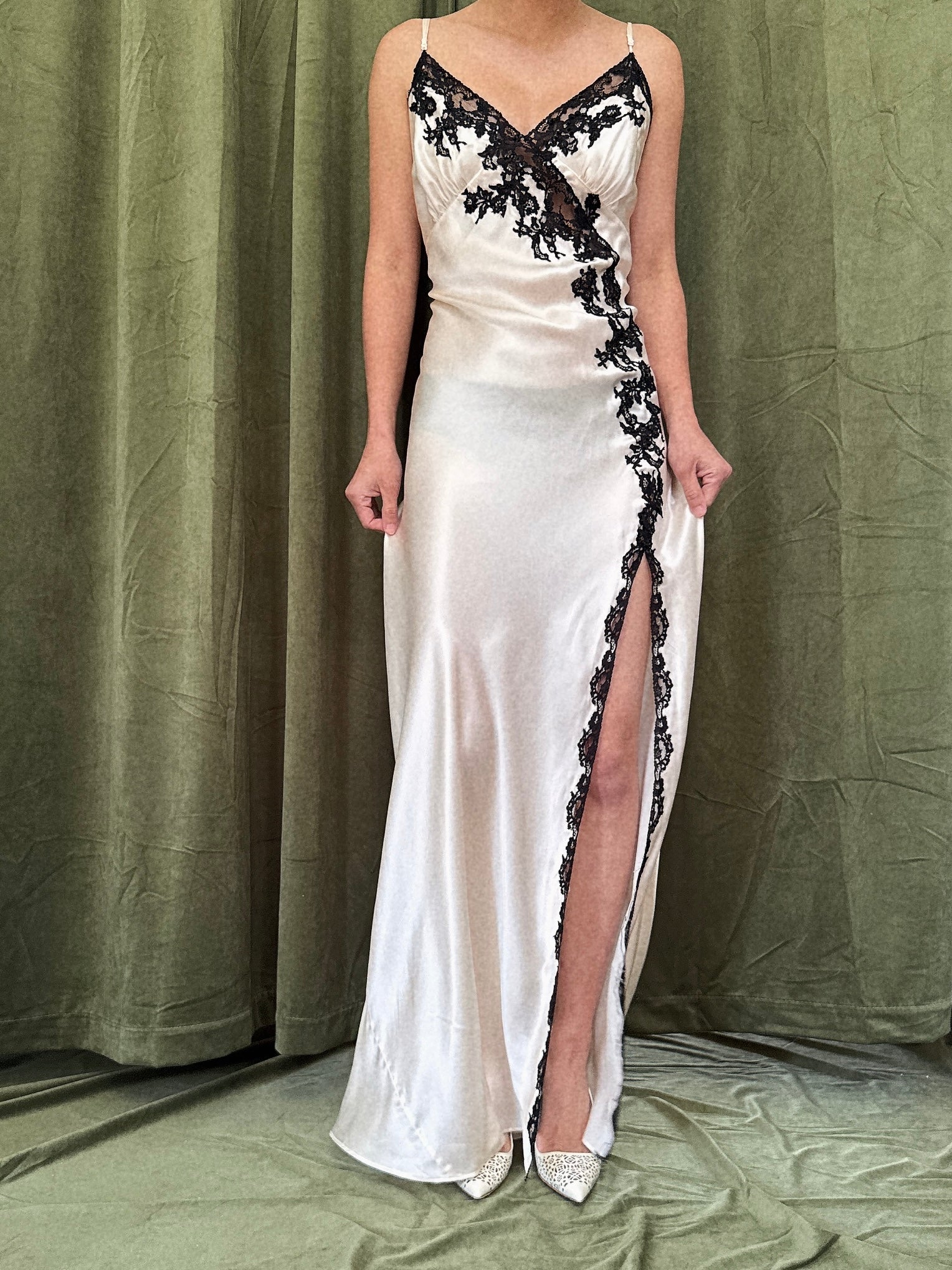 Vintage Silk with Black Lace Slip Dress - M
