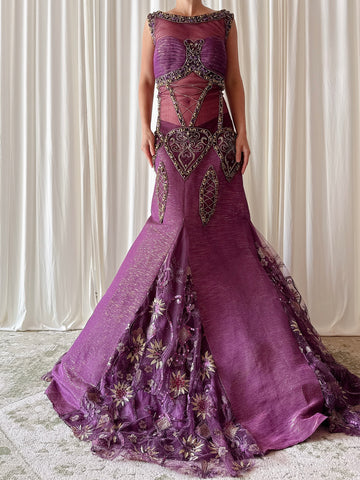 Vintage Charbel Nader Purple Beaded Dress - Size 18