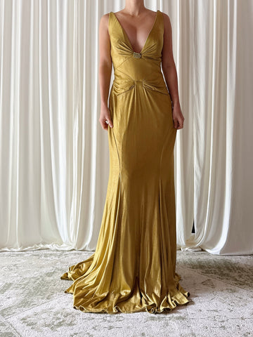 Vintage Chartreuse Metallic Gown - Size 6
