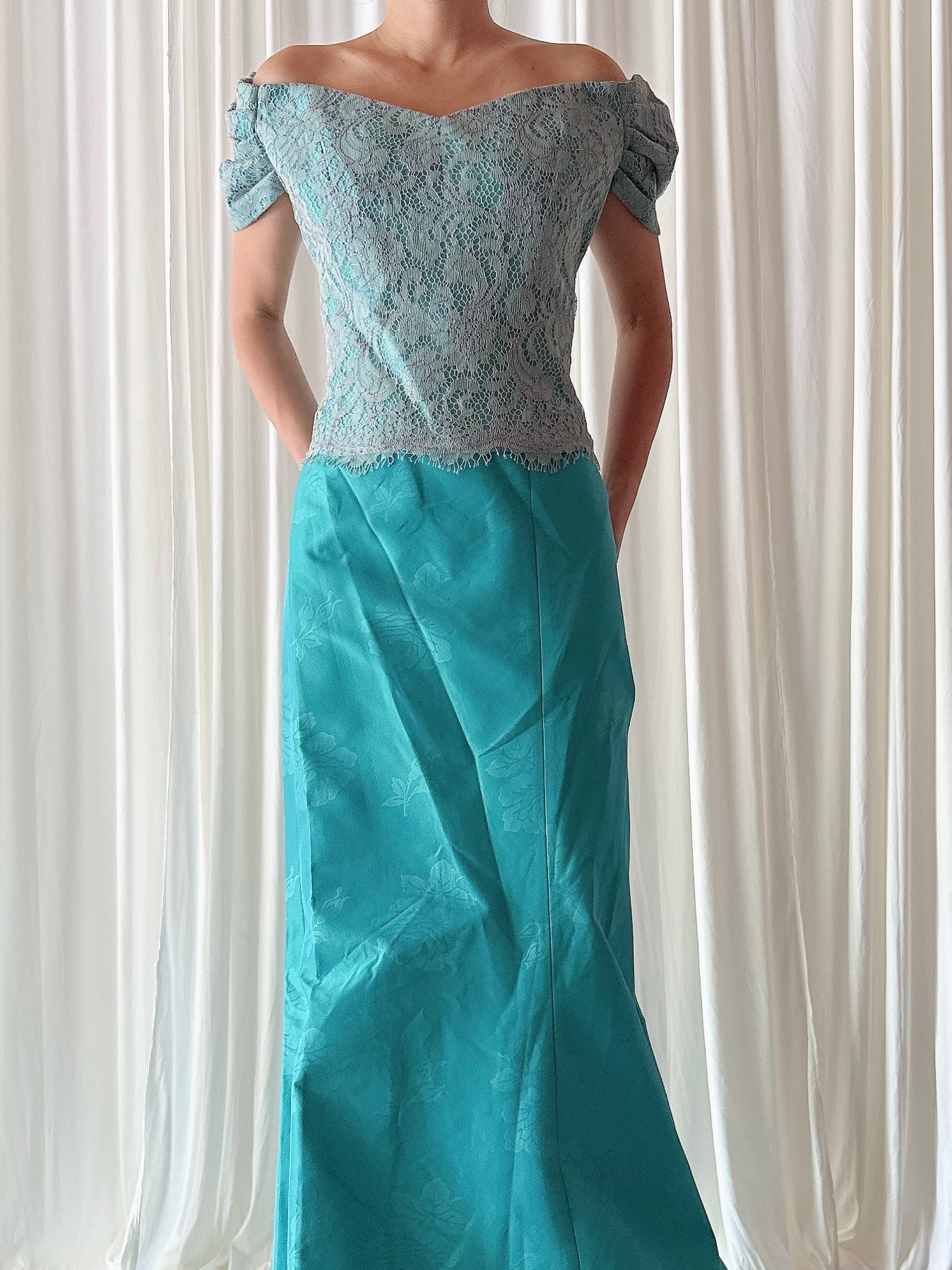 Vintage Angelita Morillo Turquoise Silk 2 Piece Set - Size 42