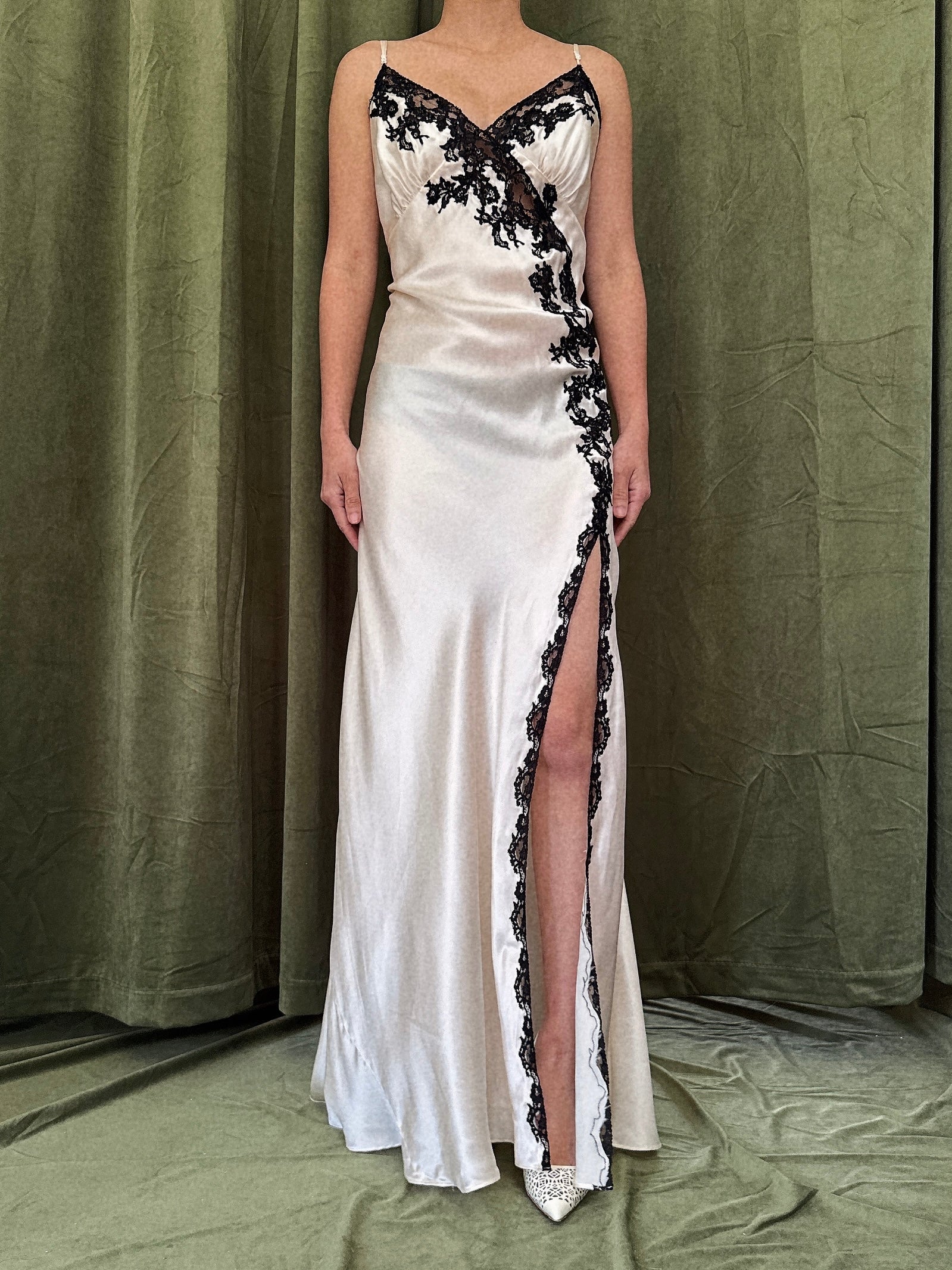 Vintage Silk with Black Lace Slip Dress - M