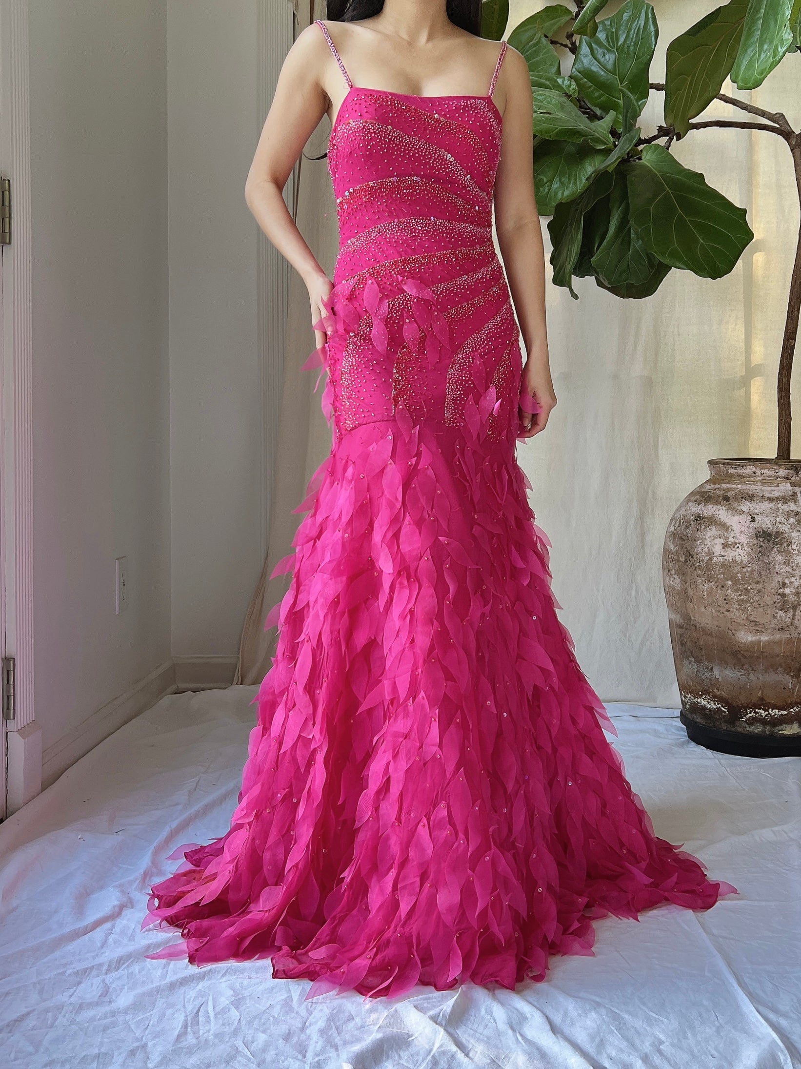 Y2K Silk Beaded Petal Dress - S